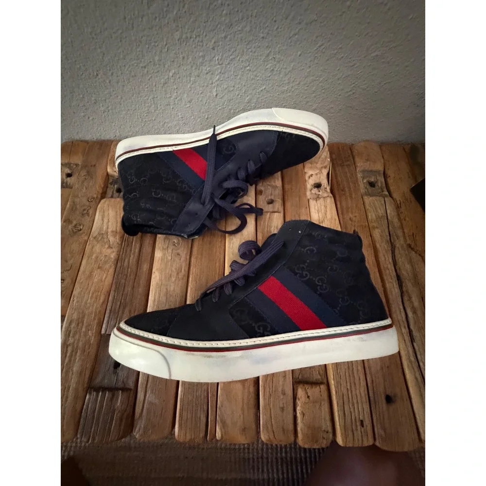 Gucci High Top Sneakers Size 8 Navy Blue GG Monogram Web Stripe 221825